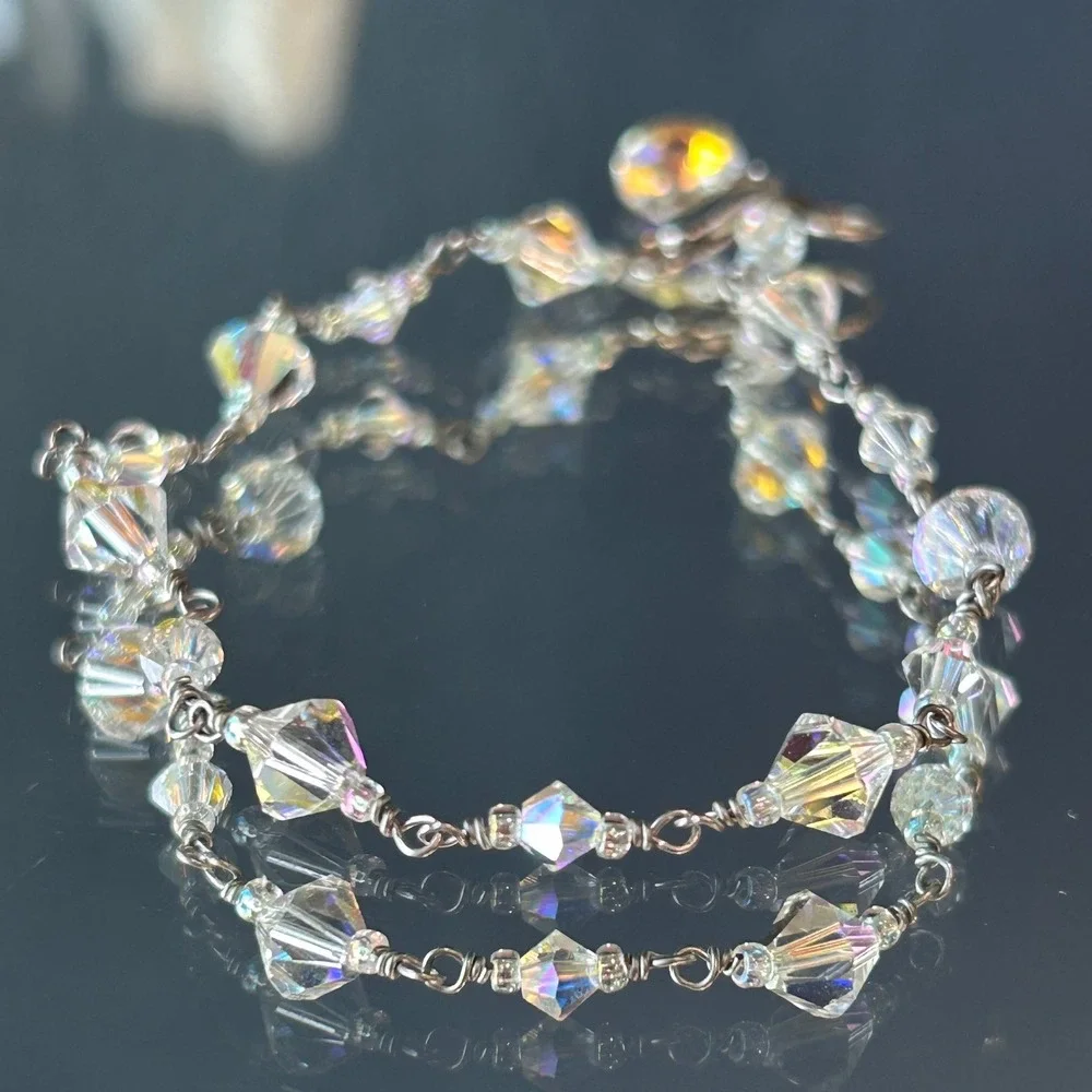 Sterling Silver AB Crystal Bicone Iridescent Beaded Bracelet 7.25 Inch Faeted
